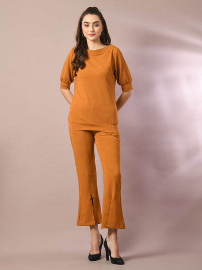Women's  Mustard Solid Boat Neck Party Top With Trousers Co-Ord Set