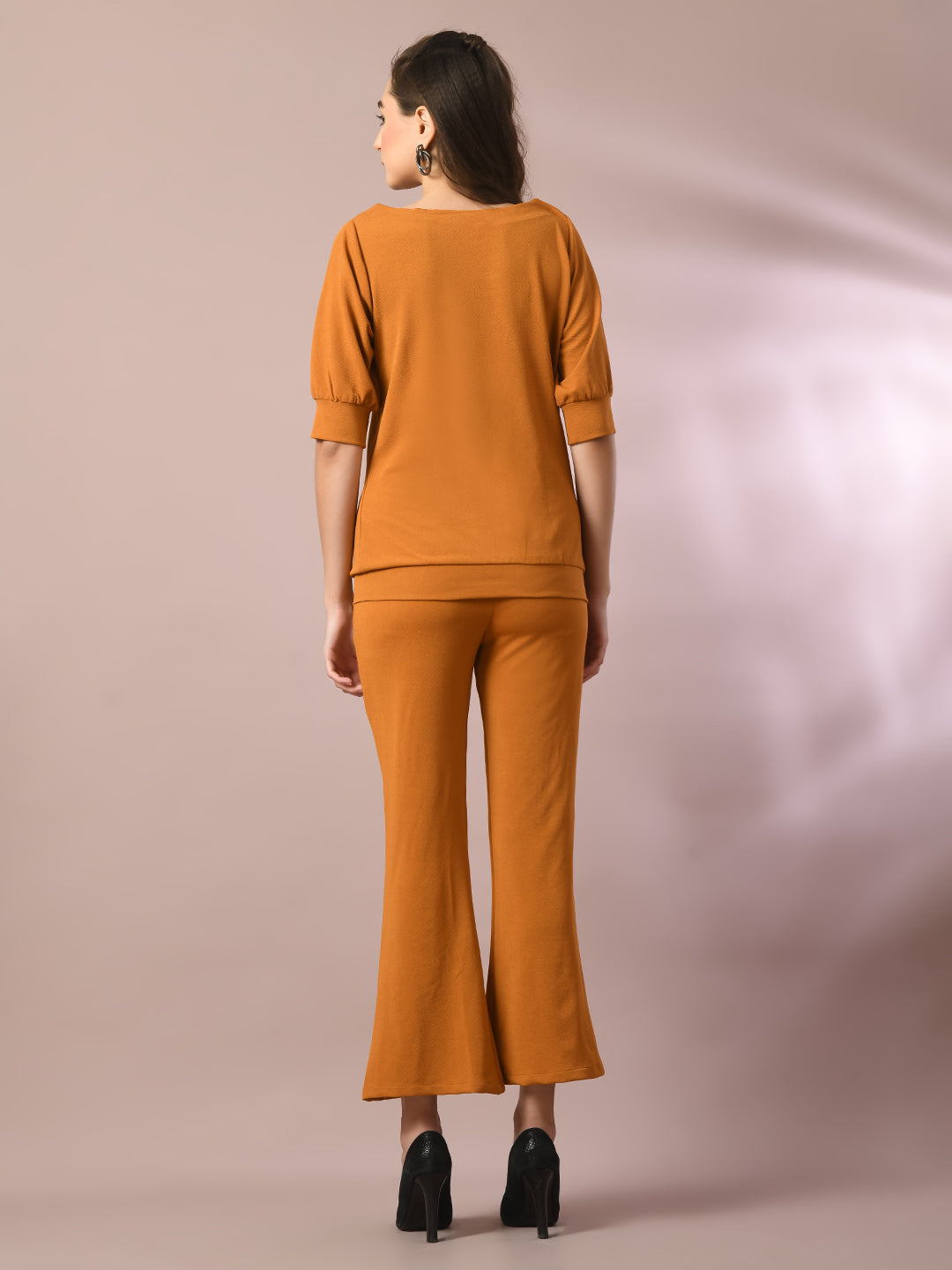 Women's  Mustard Solid Boat Neck Party Top With Trousers Co-Ord Set