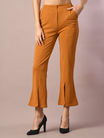 Women's  Mustard Solid Boat Neck Party Top With Trousers Co-Ord Set
