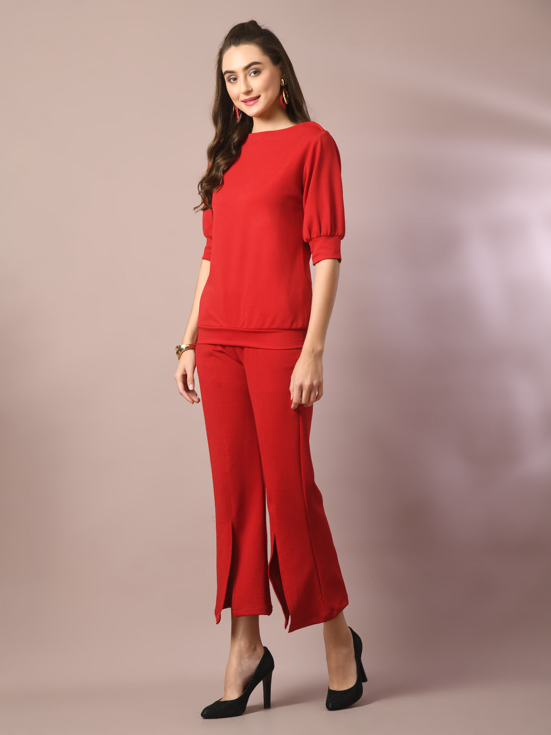 Women's  Red Solid Boat Neck Party Top With Trousers Co-Ord Set