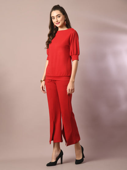 Women's  Red Solid Boat Neck Party Top With Trousers Co-Ord Set