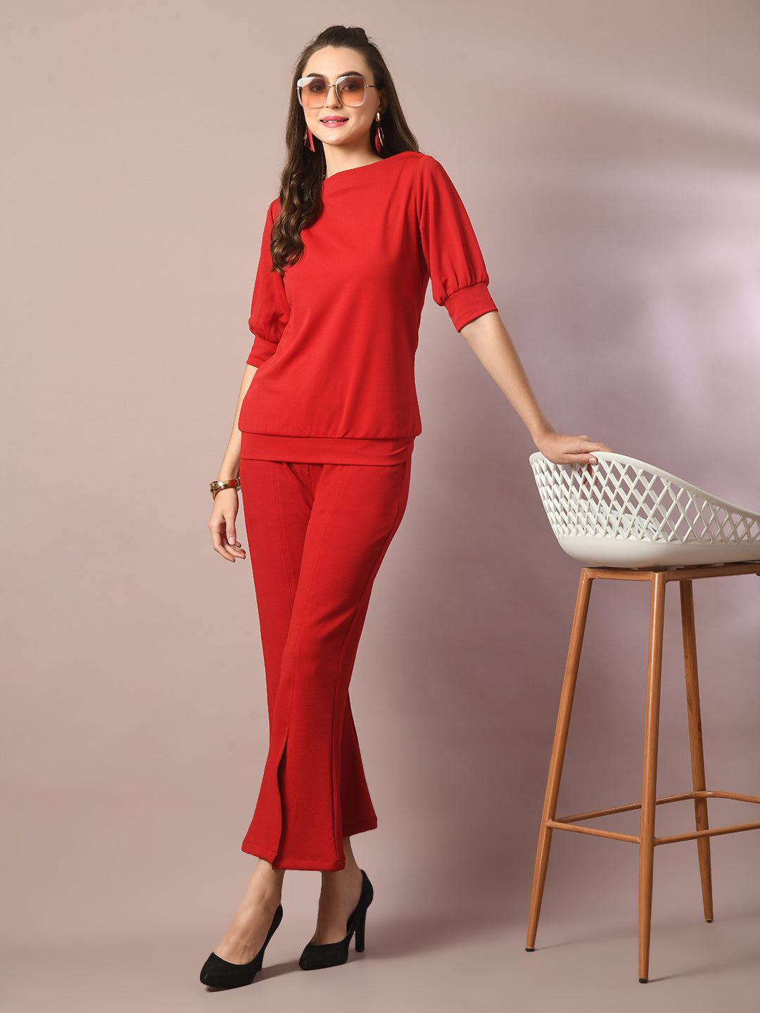 Women's  Red Solid Boat Neck Party Top With Trousers Co-Ord Set
