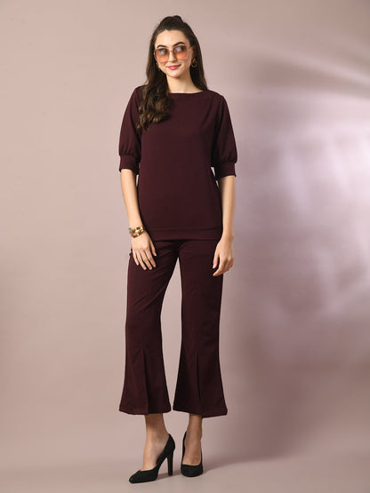Women's  Coffee Brown Solid Boat Neck Party Top With Trousers Co-Ord Set