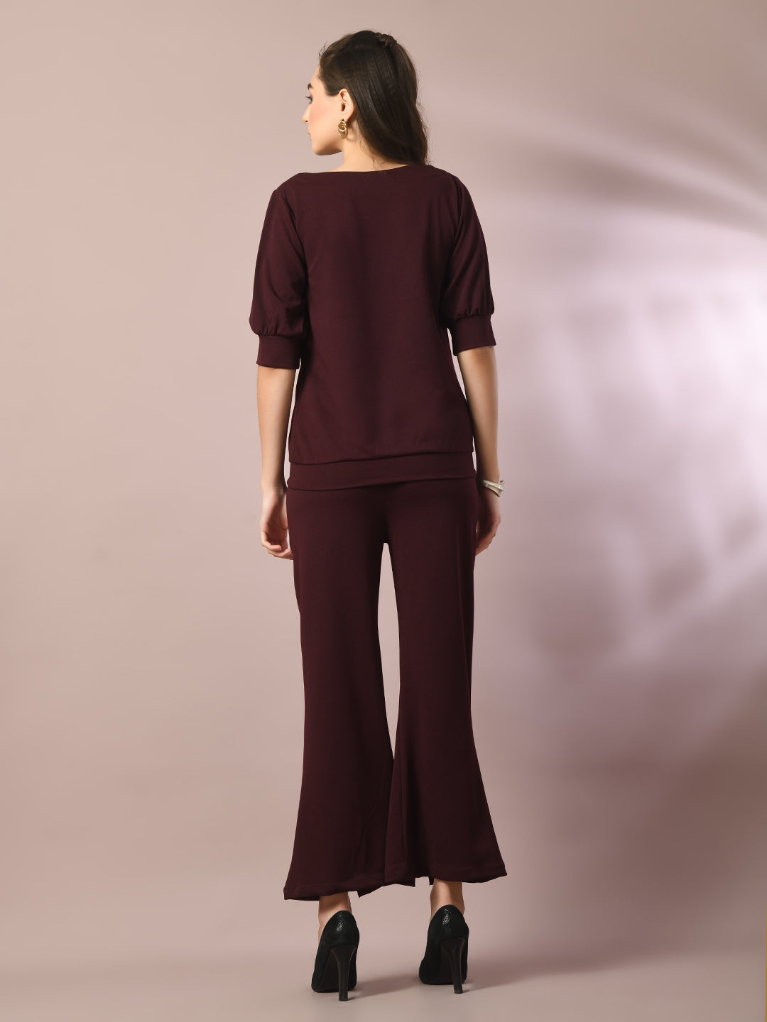 Women's  Coffee Brown Solid Boat Neck Party Top With Trousers Co-Ord Set