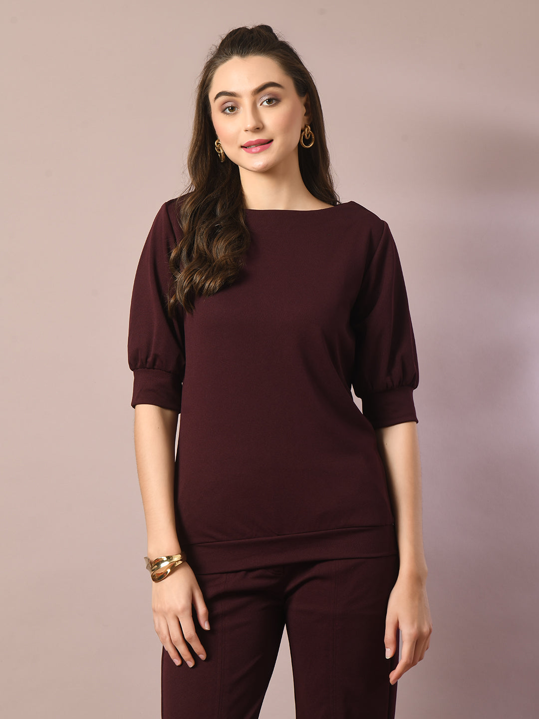 Women's  Coffee Brown Solid Boat Neck Party Top With Trousers Co-Ord Set
