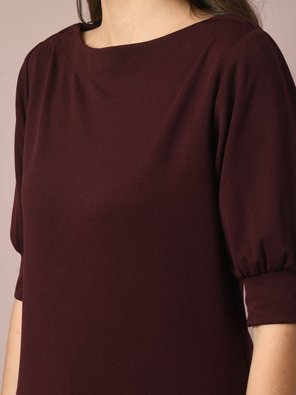 Women's  Coffee Brown Solid Boat Neck Party Top With Trousers Co-Ord Set