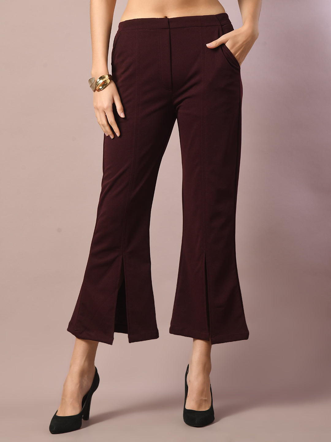 Women's  Coffee Brown Solid Boat Neck Party Top With Trousers Co-Ord Set