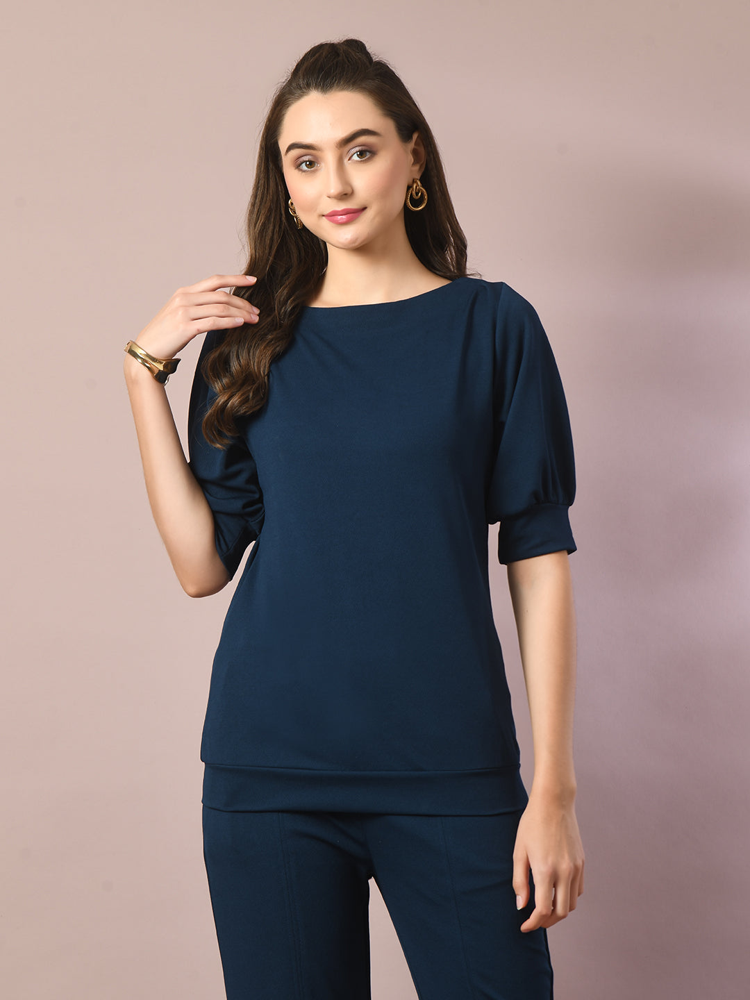 Women's  Blue Solid Boat Neck Party Top With Trousers Co-Ord Set