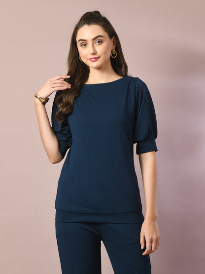 Women's  Blue Solid Boat Neck Party Top With Trousers Co-Ord Set