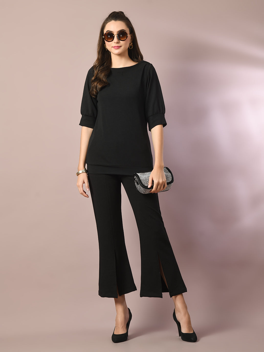 Women's  Black Solid Boat Neck Party Top With Trousers Co-Ord Set