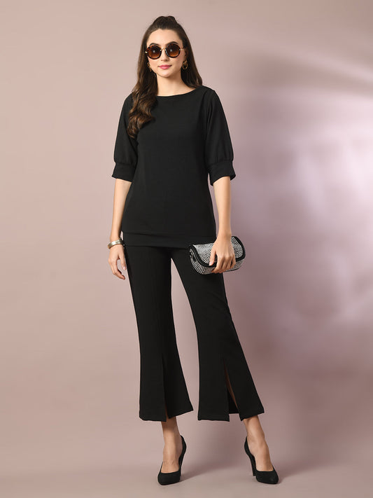 Women's  Black Solid Boat Neck Party Top With Trousers Co-Ord Set