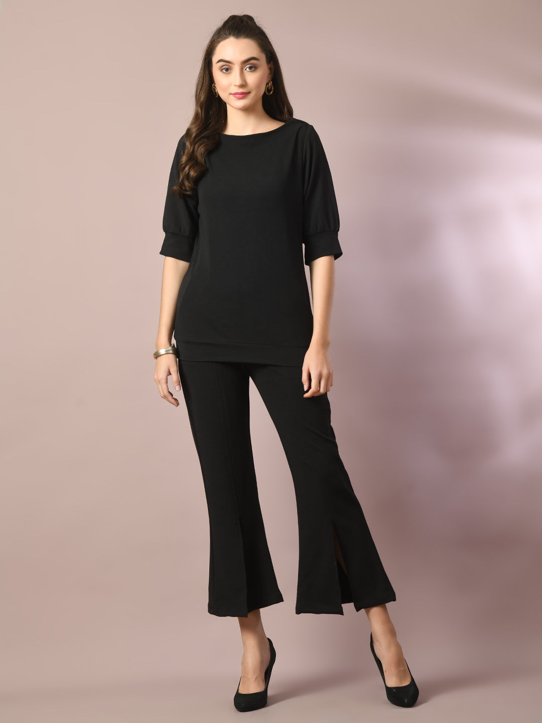 Women's  Black Solid Boat Neck Party Top With Trousers Co-Ord Set