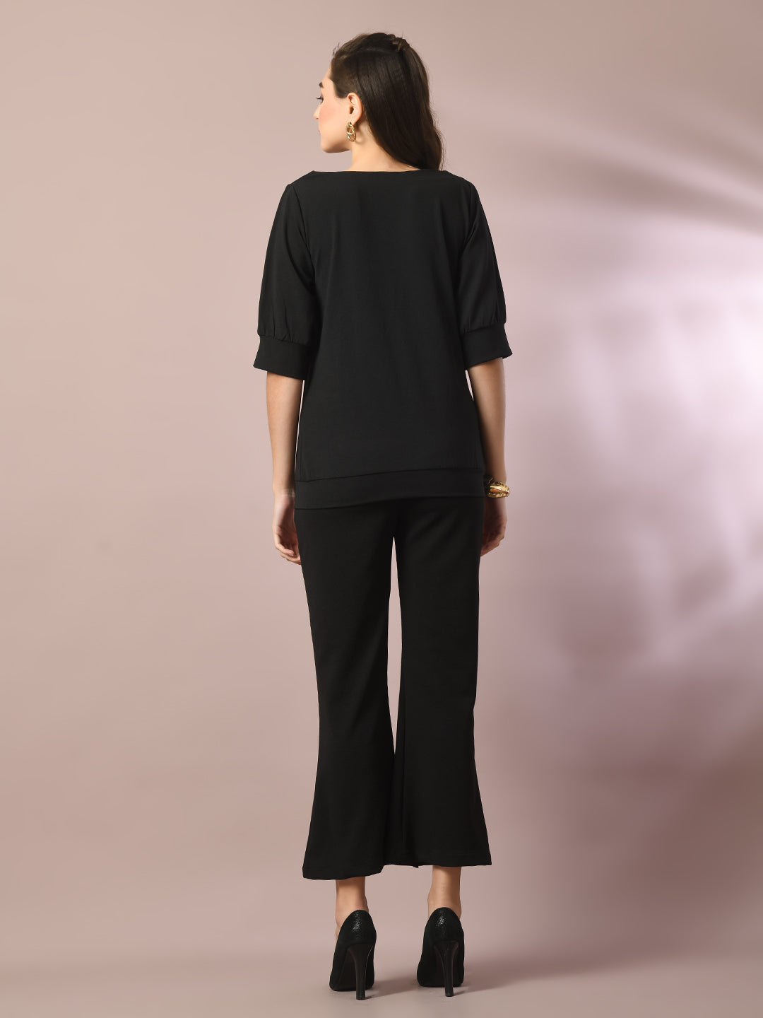Women's  Black Solid Boat Neck Party Top With Trousers Co-Ord Set