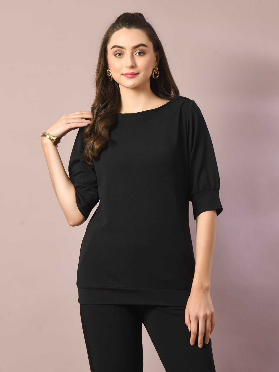 Women's  Black Solid Boat Neck Party Top With Trousers Co-Ord Set