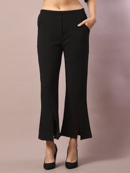 Women's  Black Solid Boat Neck Party Top With Trousers Co-Ord Set