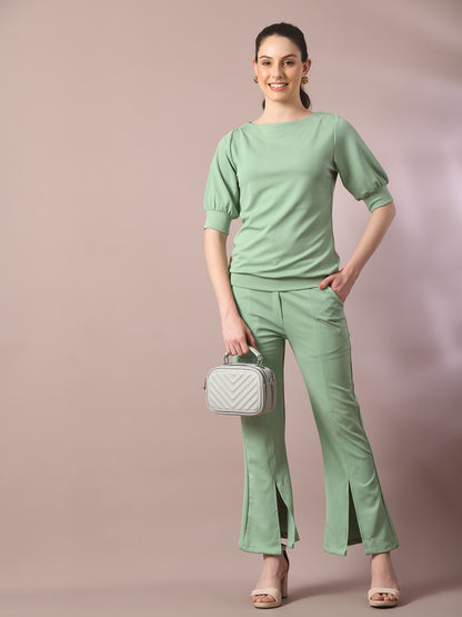Women's  Sea Green Solid Boat Neck Party Top With Trousers Co-Ord Set