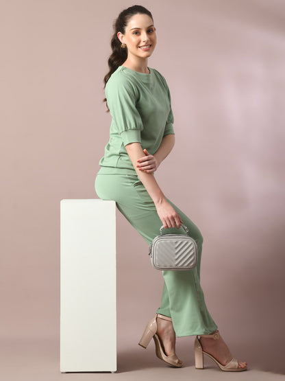 Women's  Sea Green Solid Boat Neck Party Top With Trousers Co-Ord Set