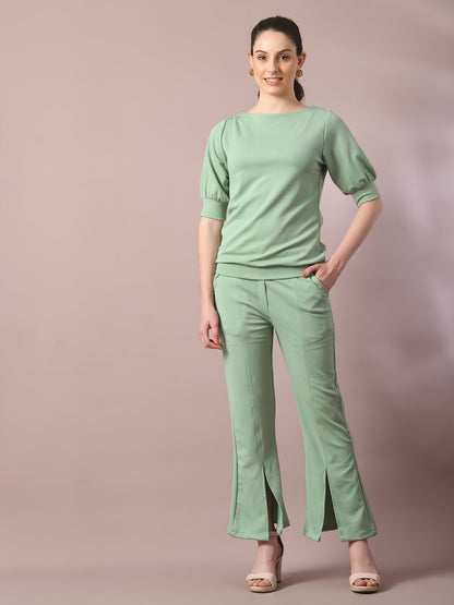 Women's  Sea Green Solid Boat Neck Party Top With Trousers Co-Ord Set