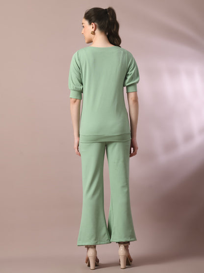 Women's  Sea Green Solid Boat Neck Party Top With Trousers Co-Ord Set