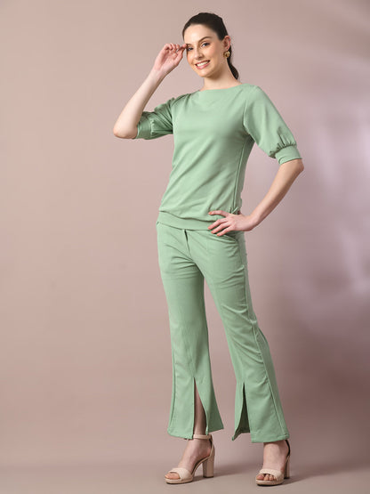 Women's  Sea Green Solid Boat Neck Party Top With Trousers Co-Ord Set