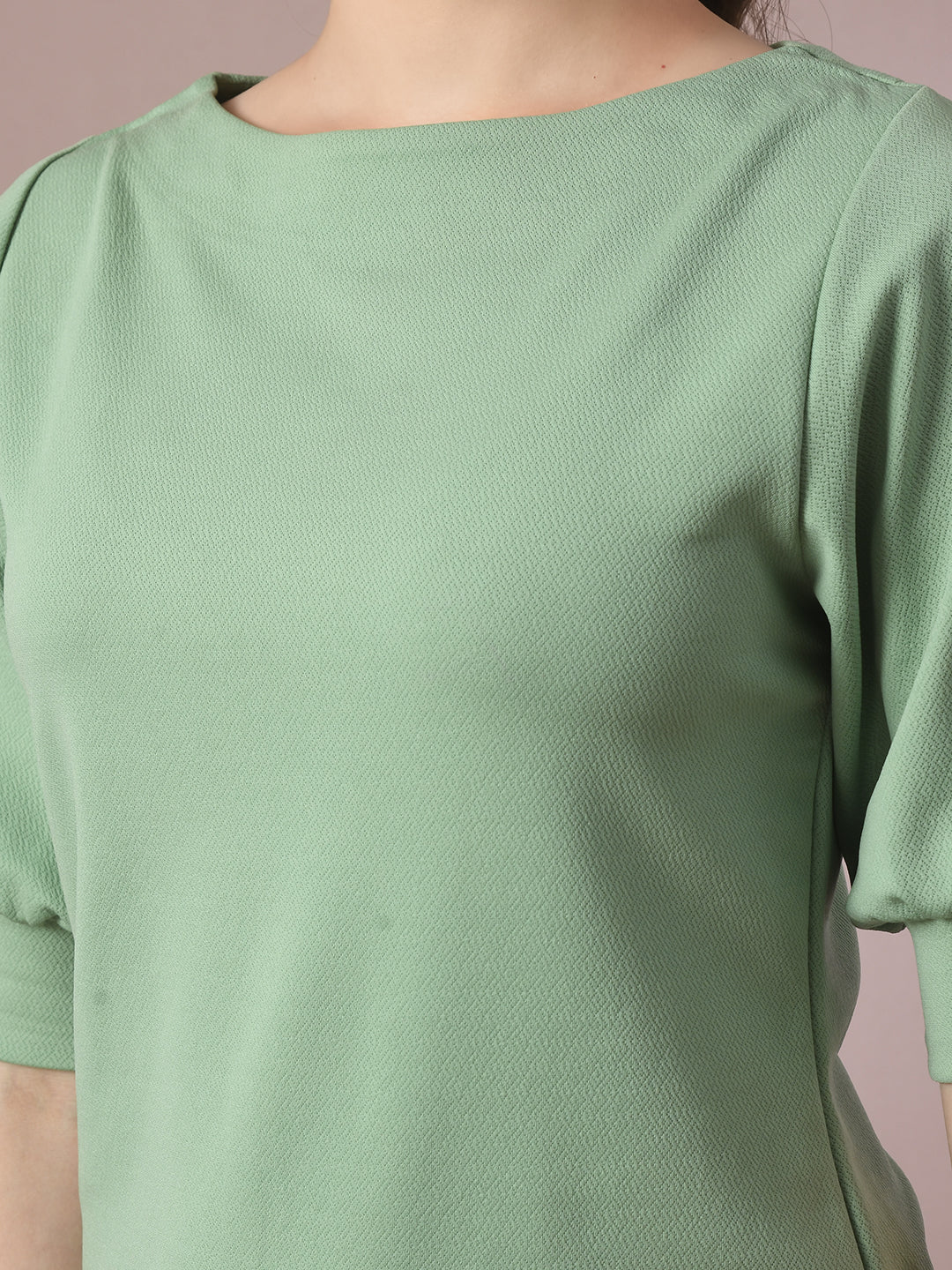 Women's  Sea Green Solid Boat Neck Party Top With Trousers Co-Ord Set