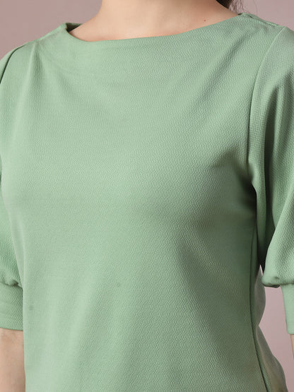 Women's  Sea Green Solid Boat Neck Party Top With Trousers Co-Ord Set