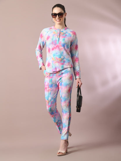 Women's  Multi Printed Round Neck Party Top With Trousers Co-Ord Set