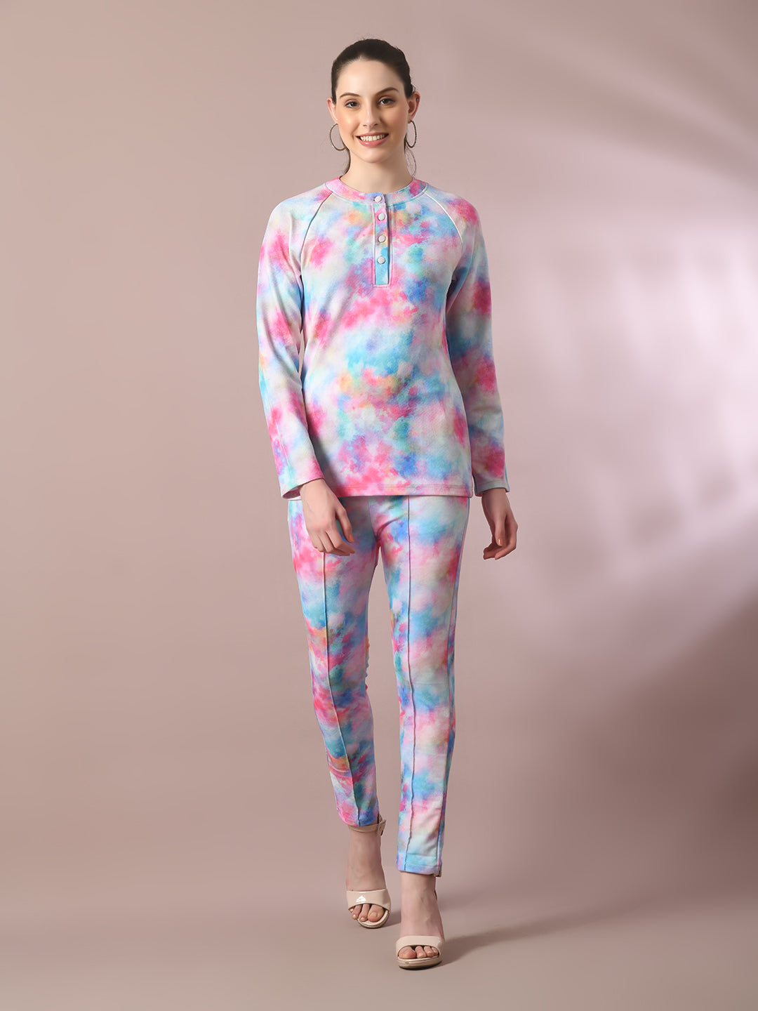 Women's  Multi Printed Round Neck Party Top With Trousers Co-Ord Set