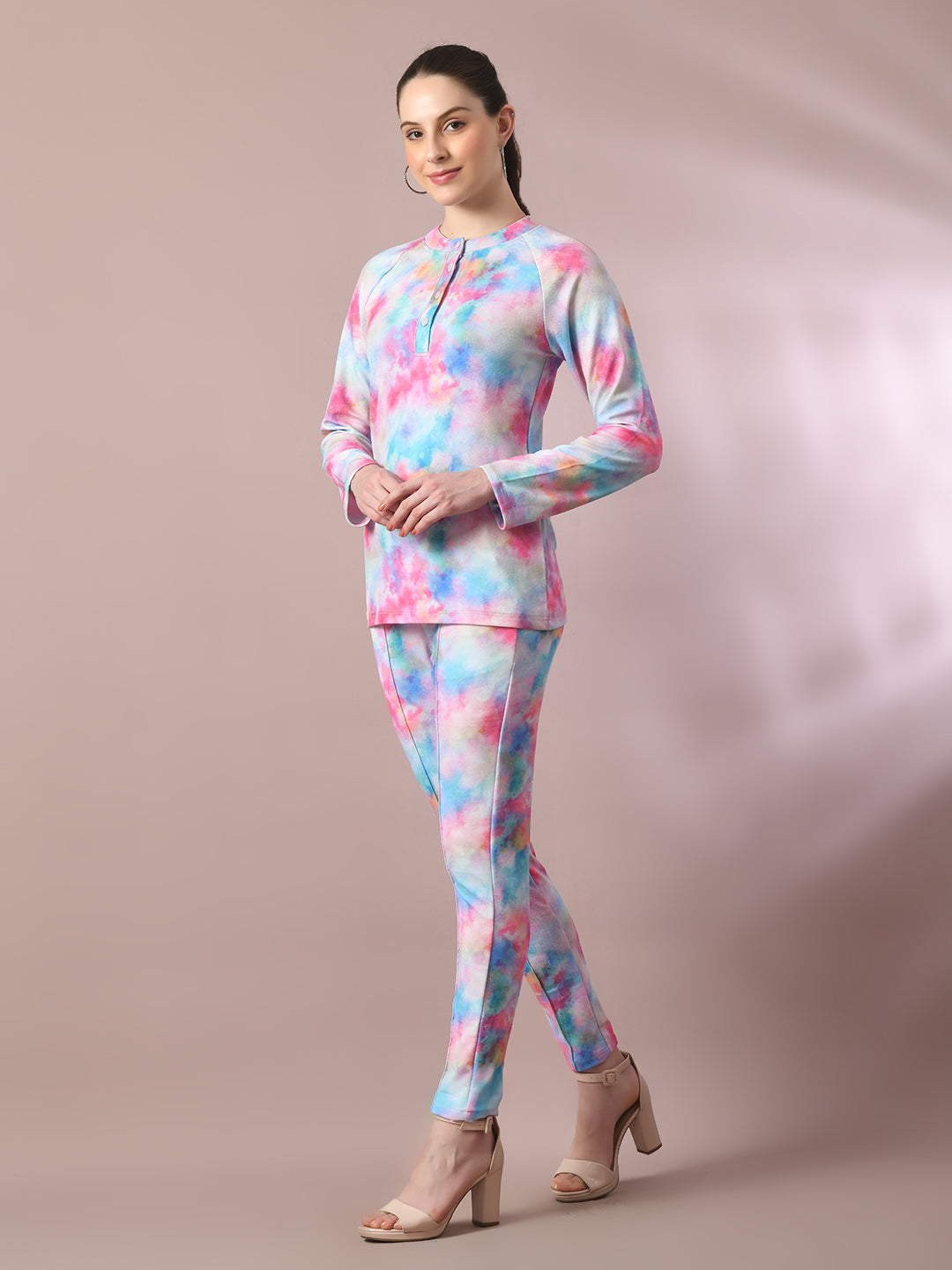 Women's  Multi Printed Round Neck Party Top With Trousers Co-Ord Set