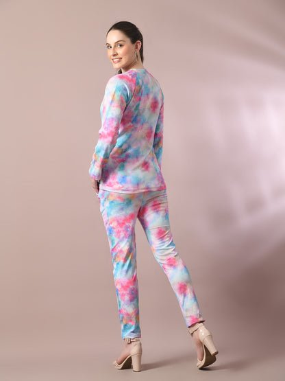 Women's  Multi Printed Round Neck Party Top With Trousers Co-Ord Set