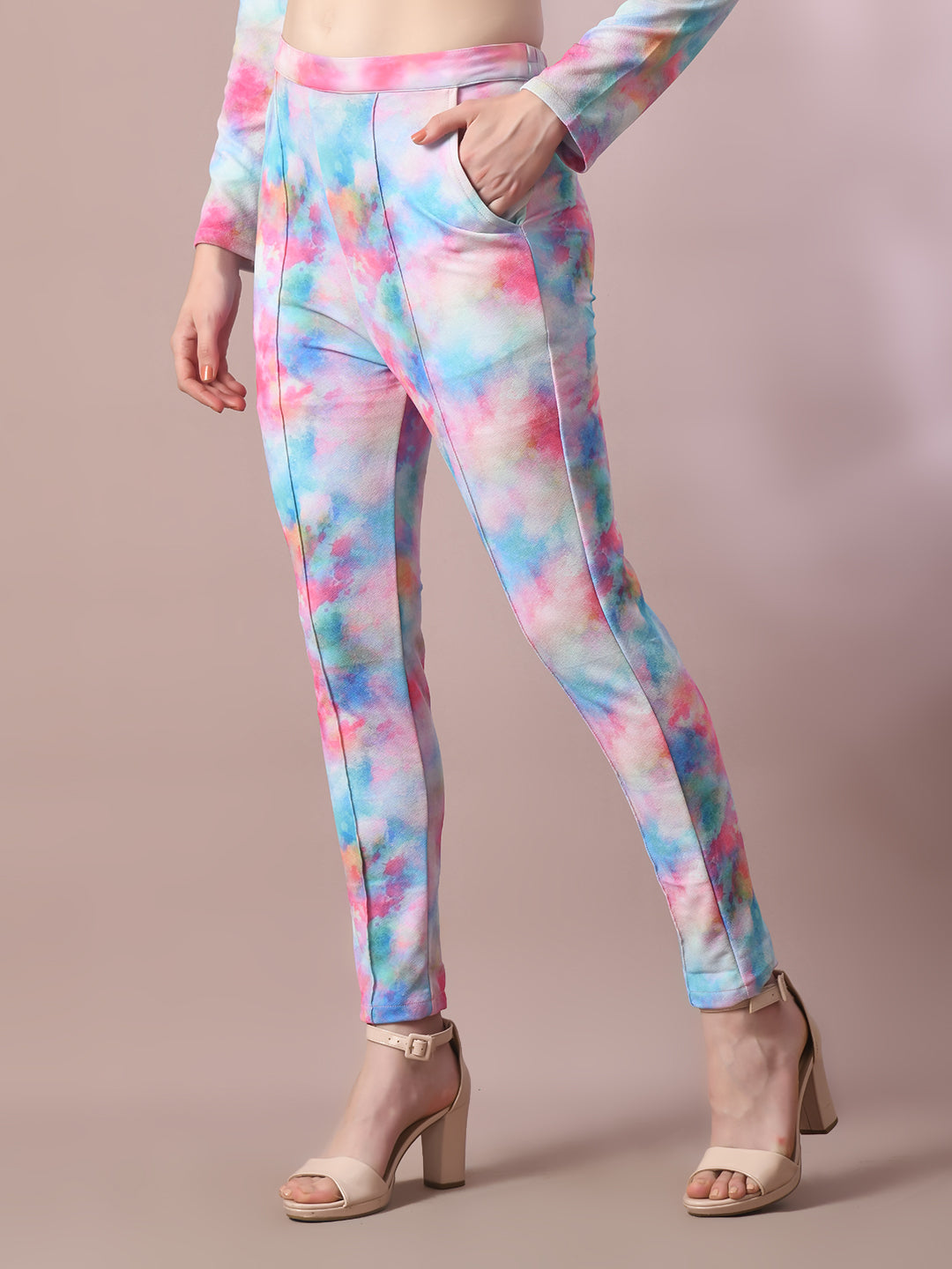 Women's  Multi Printed Round Neck Party Top With Trousers Co-Ord Set