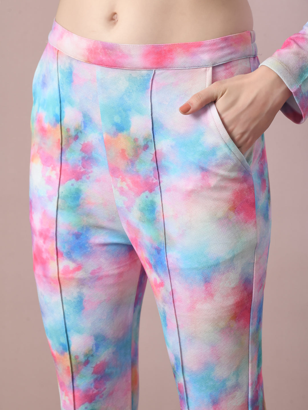 Women's  Multi Printed Round Neck Party Top With Trousers Co-Ord Set