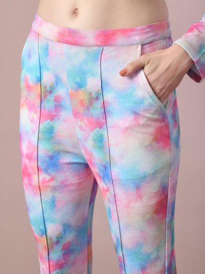 Women's  Multi Printed Round Neck Party Top With Trousers Co-Ord Set