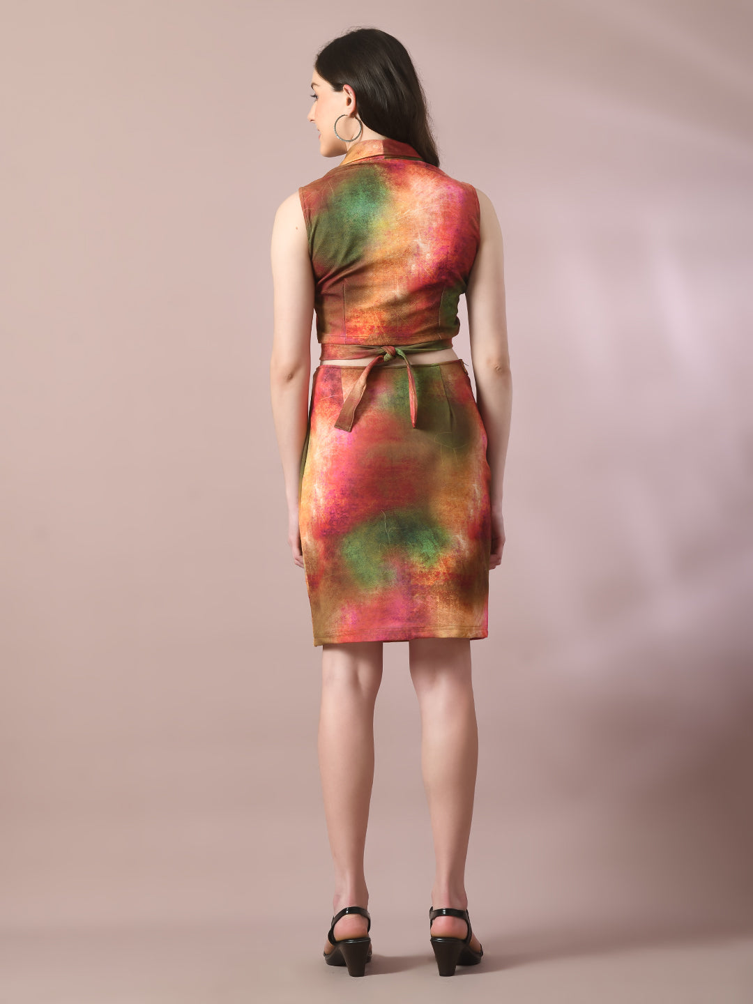 Women's  Multi Printed Shawl Neck Party Top With Skirt Co-Ord Set