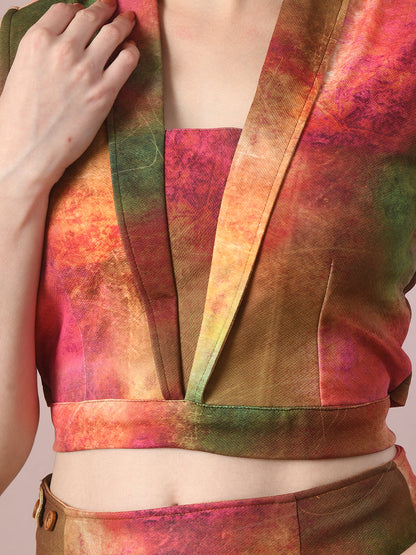 Women's  Multi Printed Shawl Neck Party Top With Skirt Co-Ord Set