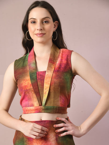 Women's  Multi Printed Shawl Neck Party Top With Skirt Co-Ord Set