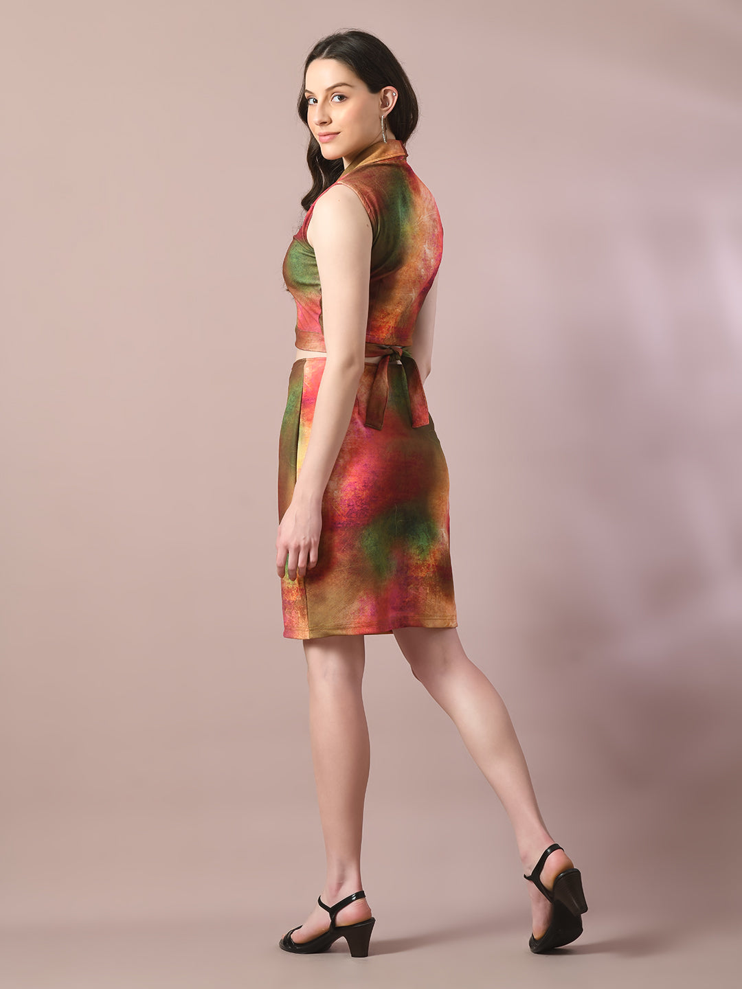 Women's  Multi Printed Shawl Neck Party Top With Skirt Co-Ord Set