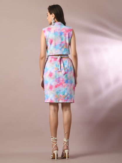 Women's  Multi Printed Shawl Neck Party Top With Skirt Co-Ord Set