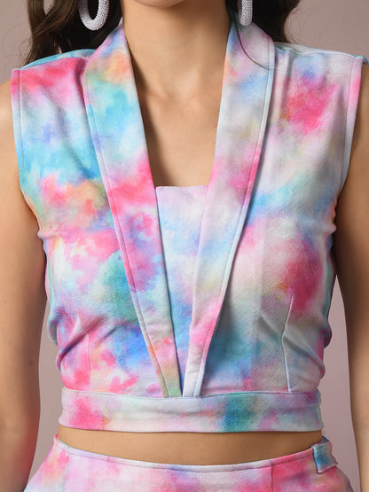 Women's  Multi Printed Shawl Neck Party Top With Skirt Co-Ord Set