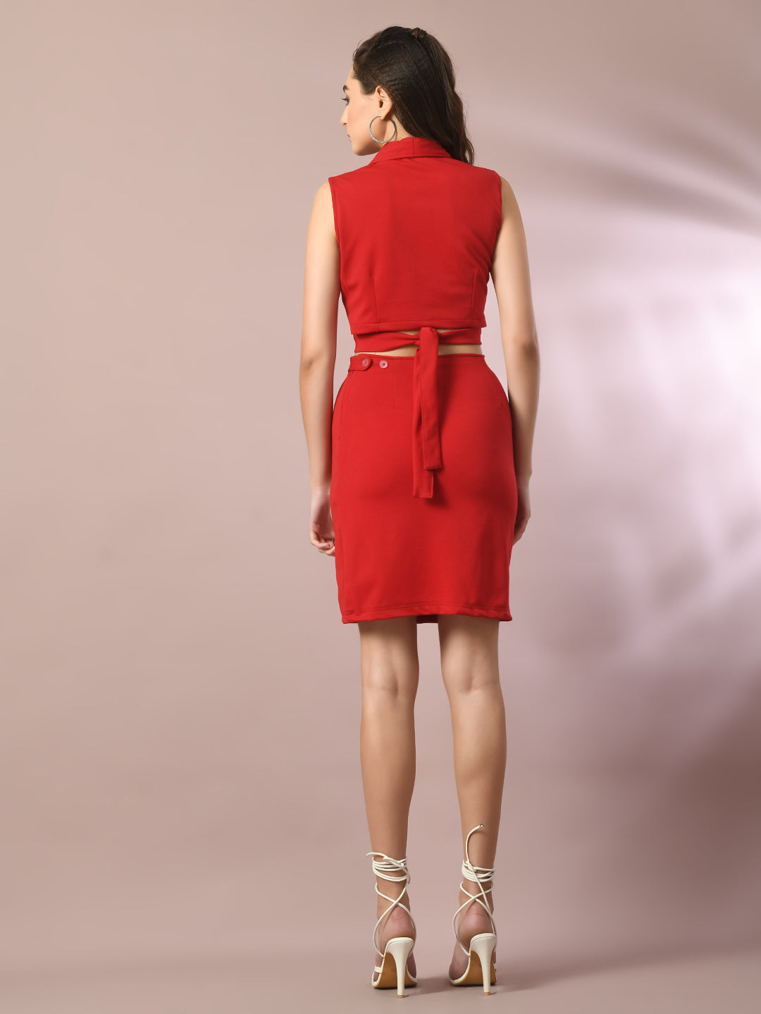 Women's  Red Solid Shawl Neck Party Top With Skirt Co-Ord Set