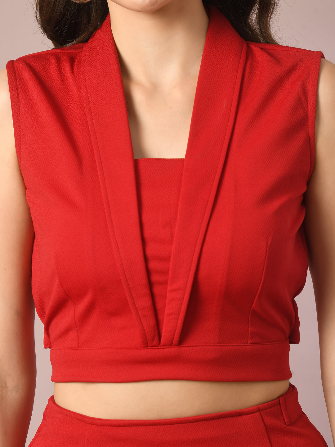 Women's  Red Solid Shawl Neck Party Top With Skirt Co-Ord Set