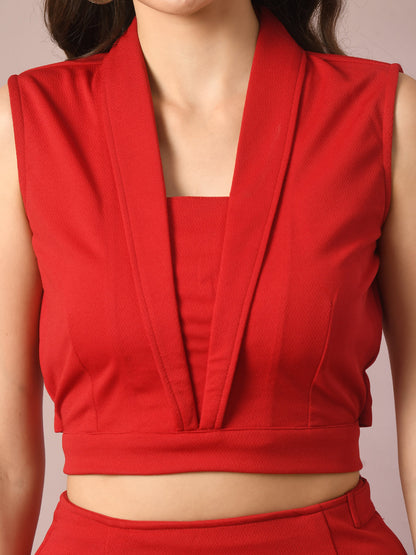 Women's  Red Solid Shawl Neck Party Top With Skirt Co-Ord Set