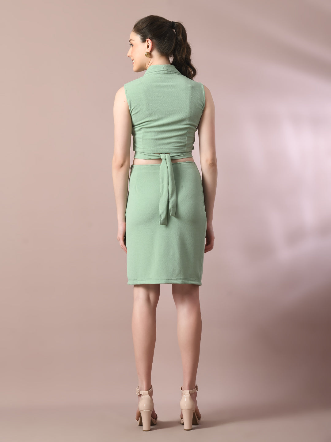 Women's  Sea Green Solid Shawl Neck Party Top With Skirt Co-Ord Set