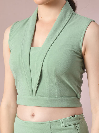 Women's  Sea Green Solid Shawl Neck Party Top With Skirt Co-Ord Set