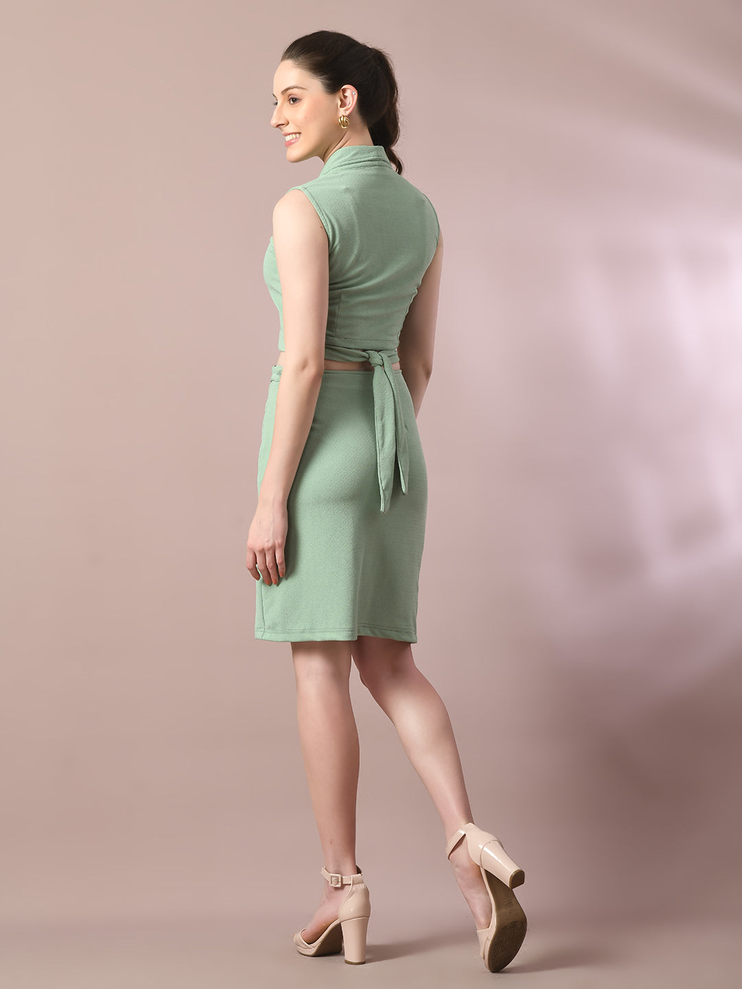 Women's  Sea Green Solid Shawl Neck Party Top With Skirt Co-Ord Set