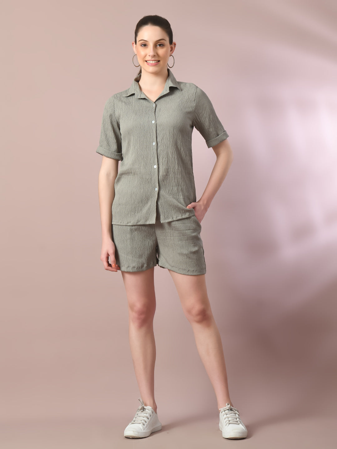 Women's  Grey Solid Shirt Collar Party Shirt With Shorts Co-Ord Set