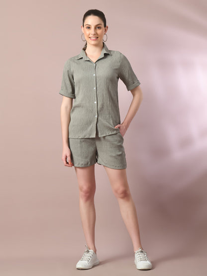 Women's  Grey Solid Shirt Collar Party Shirt With Shorts Co-Ord Set