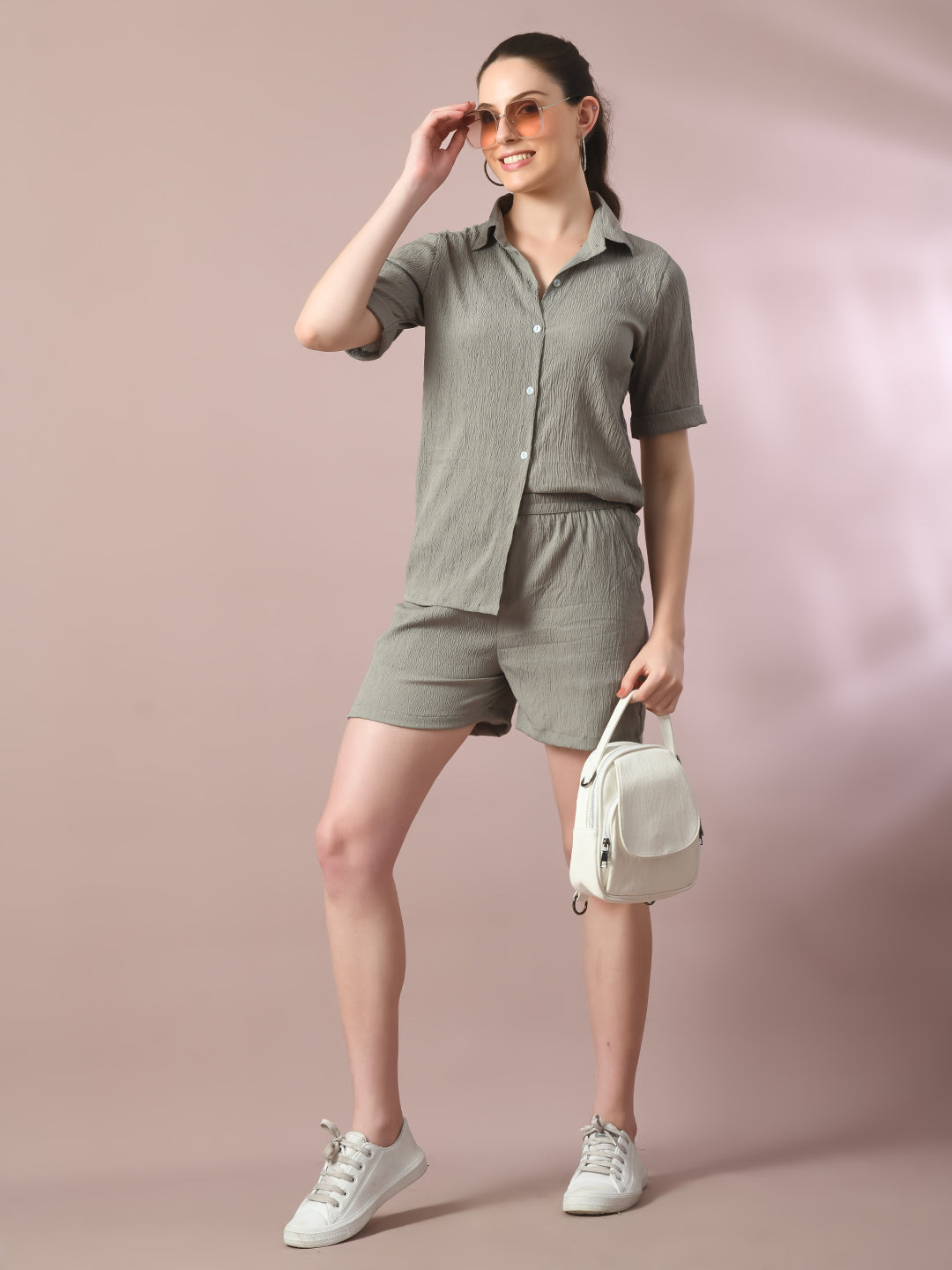 Women's  Grey Solid Shirt Collar Party Shirt With Shorts Co-Ord Set