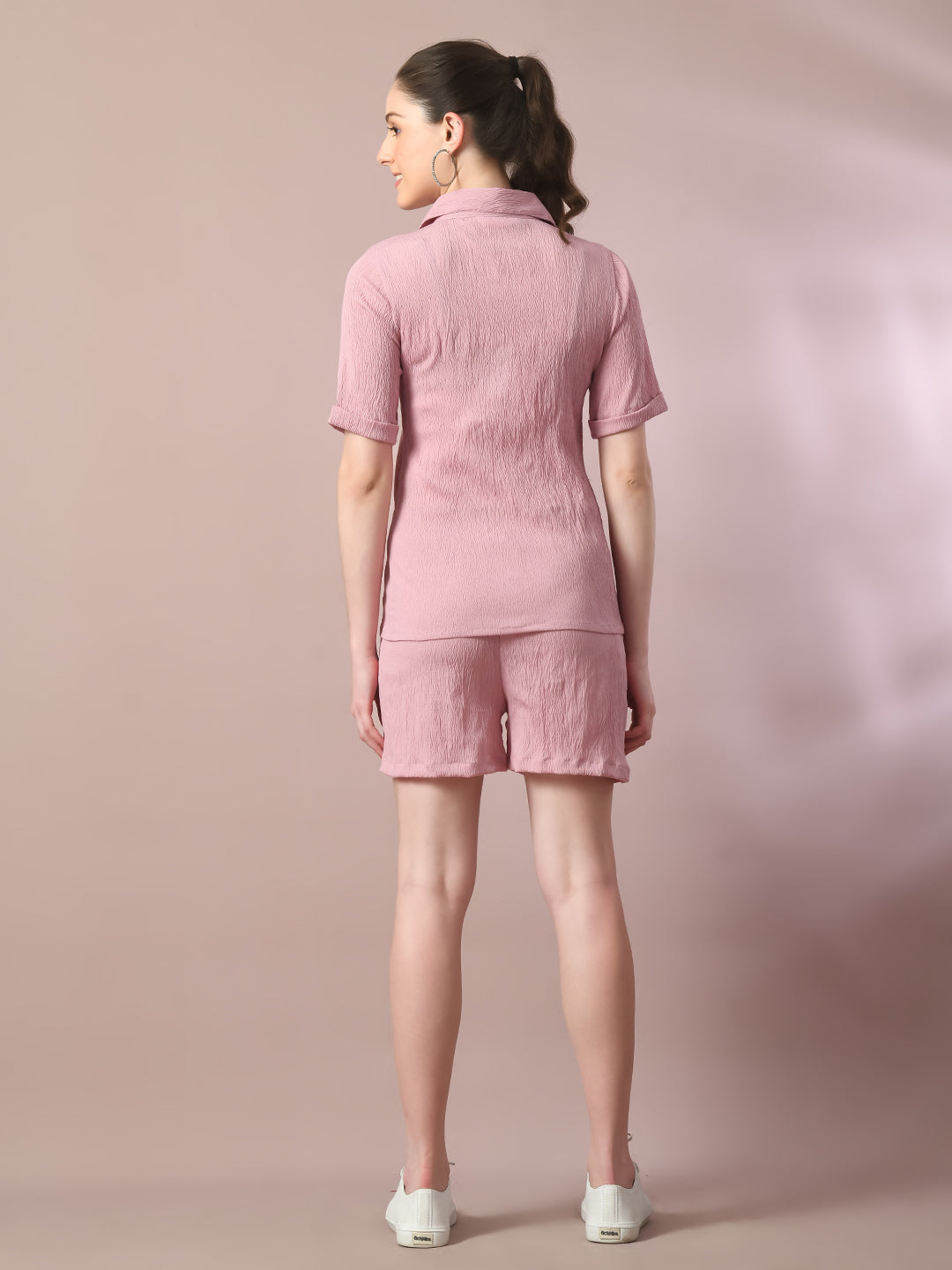 Women's  Pink Solid Shirt Collar Party Shirt With Shorts Co-Ord Set