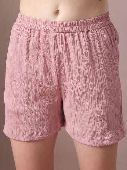 Women's  Pink Solid Shirt Collar Party Shirt With Shorts Co-Ord Set